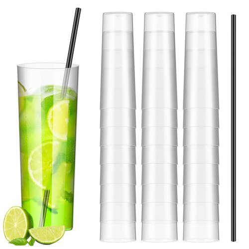 Acellegic Plastic Highball Glasses with Straws(Set of 96), 10 oz Shatterproof Drinking Cups, Tall Whiskey Collins Glass with Straws, Smoothie Tumbler Mojito Cocktail Cups for Wedding Fall Xmas Party