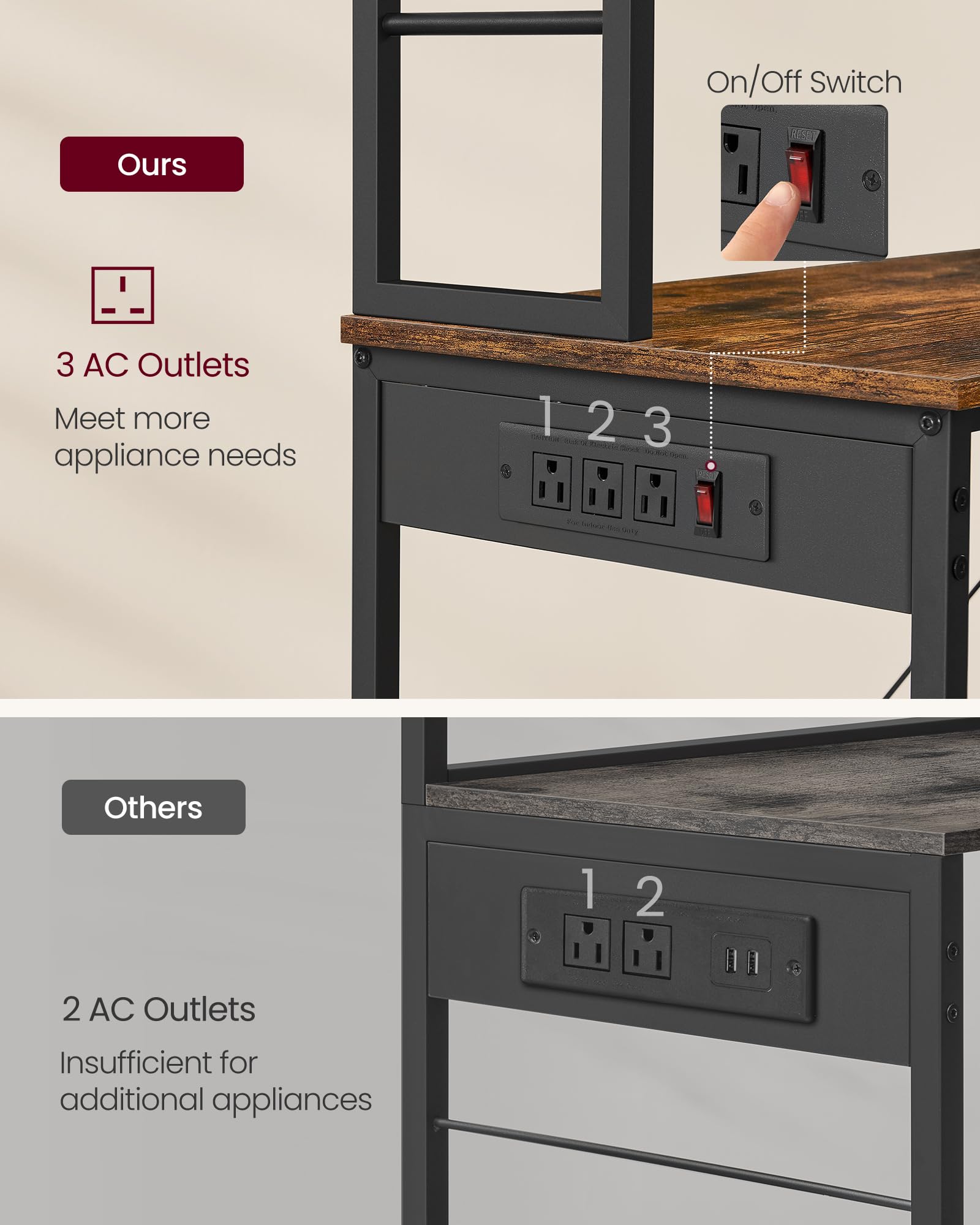 VASAGLE Bakers Rack with Power Outlet, 23.6 Inches Coffee Bar for Kitchen with Storage, 6-Tier Kitchen Shelves with 6 Hooks, Microwave Stand, Industrial, Rustic Brown and Ink Black UKKS124K03