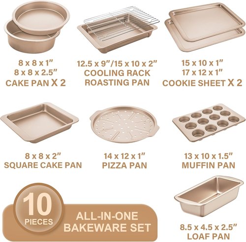 HONGBAKE Nonstick Bakeware Set - 10-Piece Kitchen Baking Pans with Wider Grips | Champagne Gold