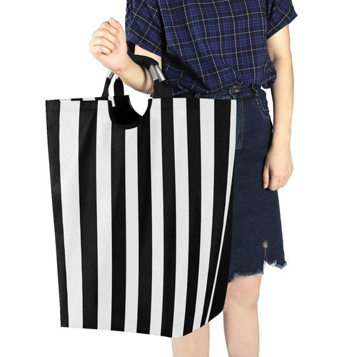 Large Laundry Hamper, White and Black Stripe Laundry Basket Foldable Clothes Bag with Handle Foldable Washing Bin