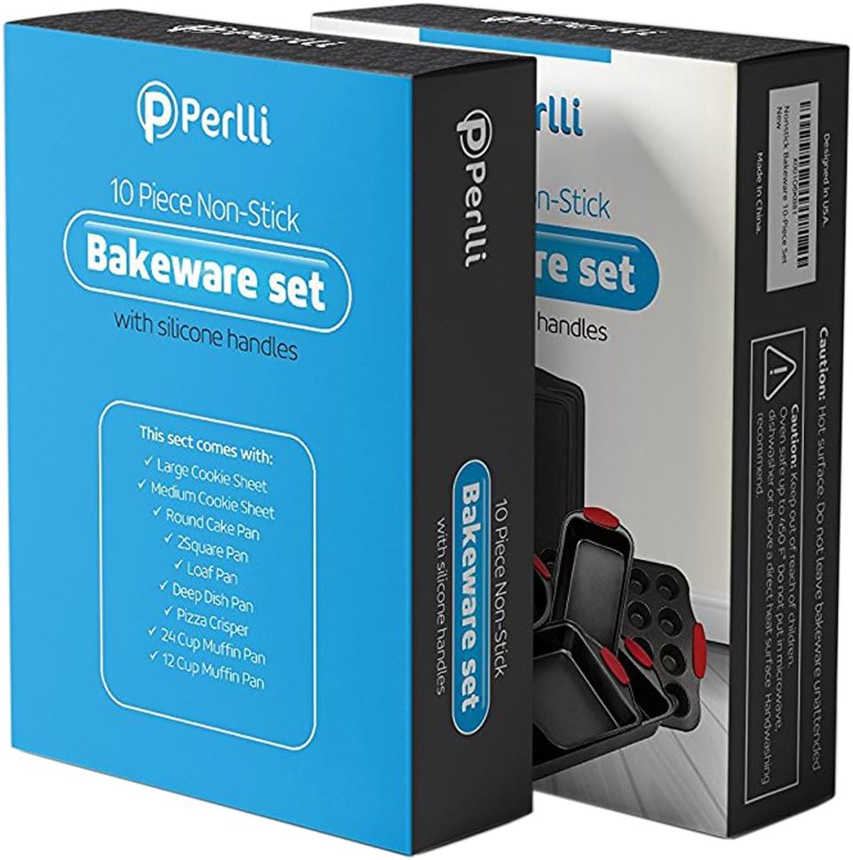 Perlli 12-Piece Nonstick Bakeware Set - Durable Carbon Steel with Red Silicone Handles | Ideal for Cakes, Loaves & Muffins
