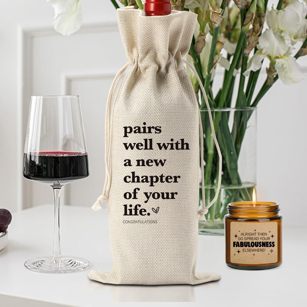 XFW New Chapter Wine Bag Scented Candles Set New Beginnings Gifts for Women Men Good luck Moving Away Coworker Leaving Ideas Funny Retirement Goodbye Going Away Gifts for Coworkers Boss Friends