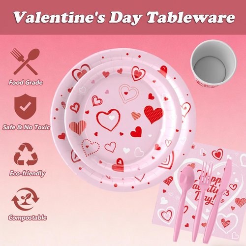 JIEFULL 112 Pcs Valentine's Day Party Tableware, Hot Heart Love Disposable Paper Party Plates and Cups and Napkins Sets Serves 16 for Wedding, Gatherings, Engagements, Anniversary Party Supplies(Pink)