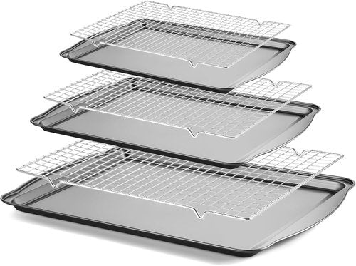 Carbon Steel Baking Pan Set by [Brand Name] - Nonstick Cookie Sheets with Cooling Racks | 13/15/17 Inch, Rust & Warp Resistant