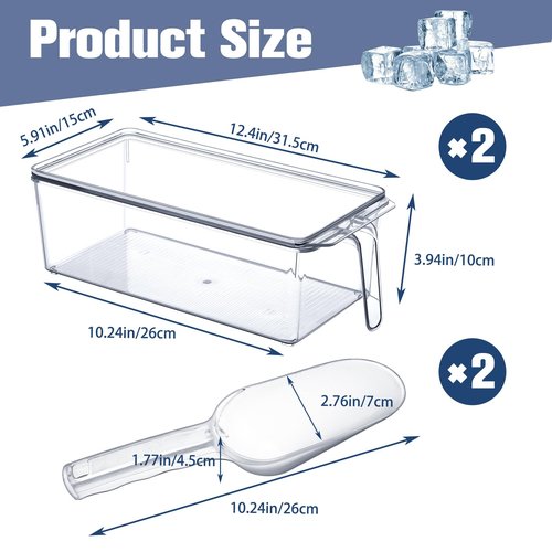 Havawish 4 Pcs Ice Storage Bin for Freezer with Lid and Flexible Scoop Set Plastic Ice Container with Lid Handle for Home Office Fridge Storage (12.4 x 5.91 x 3.94 Inches,Clear)