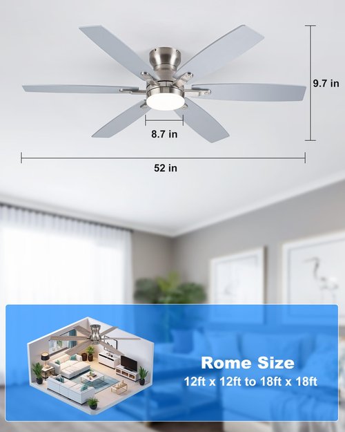 Coolwind 52 Inch Silver Low Profile Ceiling Fan with Light, 6 Speeds 3 Color Temperatures Led Outdoor Ceiling Fans for Bedroom