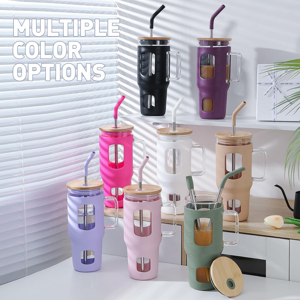 WINSA Glass Tumbler with Lid, 32 oz Glass Cup with Handle, Glass Water Bottles with Time Marker, 2 Straws - Pearl Straw & Silicone Protective Sleeve - Olive