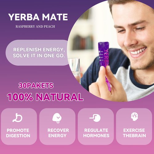 Yerba Mate Instant Tea Powder - Raspberry Peach Flavor - Gut Health & Clean Energy Super Drink with Nootropics, Prebiotics & Probiotics - Energy Boost & Focus - 30 Sticks (300g)