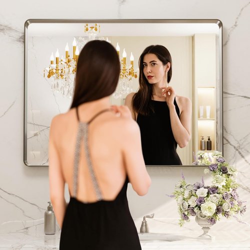 LOAAO Brushed Nickel Bathroom Mirror - 40X24 Inch Rounded Rectangle Design | Anti-Rust, Versatile Hanging Options