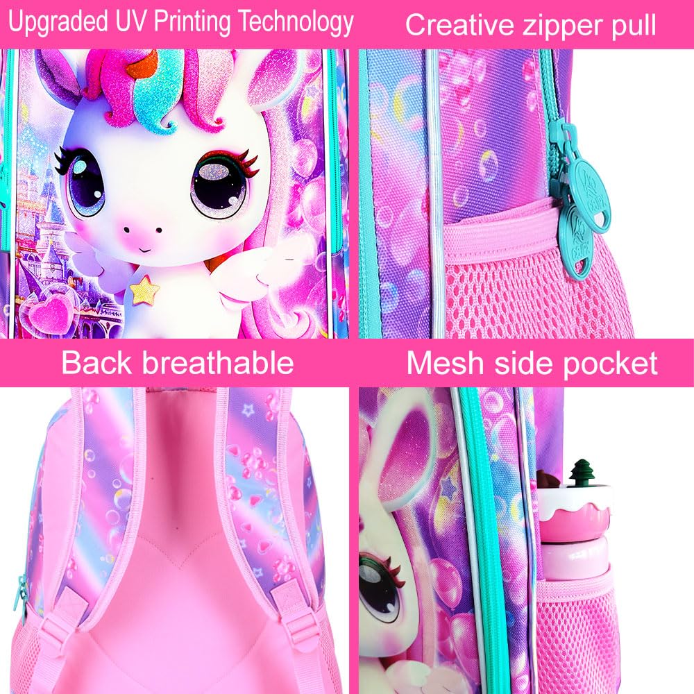 KLFVB 3PCS Unicorn Backpack, Water Resistant Kids Bookbag with Lunch Box for Girls, 16" Preschool Backpacks for Elementary - Small Unicorn