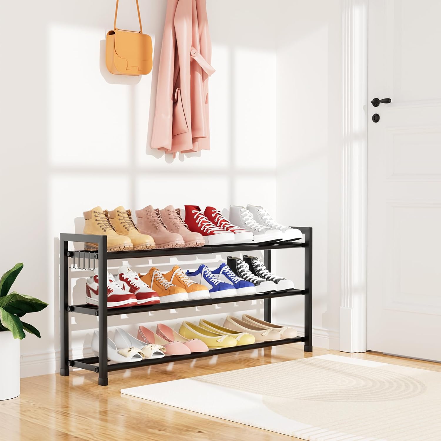 Skiennix Expandable Shoe Rack - Adjustable Metal Organizer for 12 Pairs | 3-Tier Free Standing Design, Black