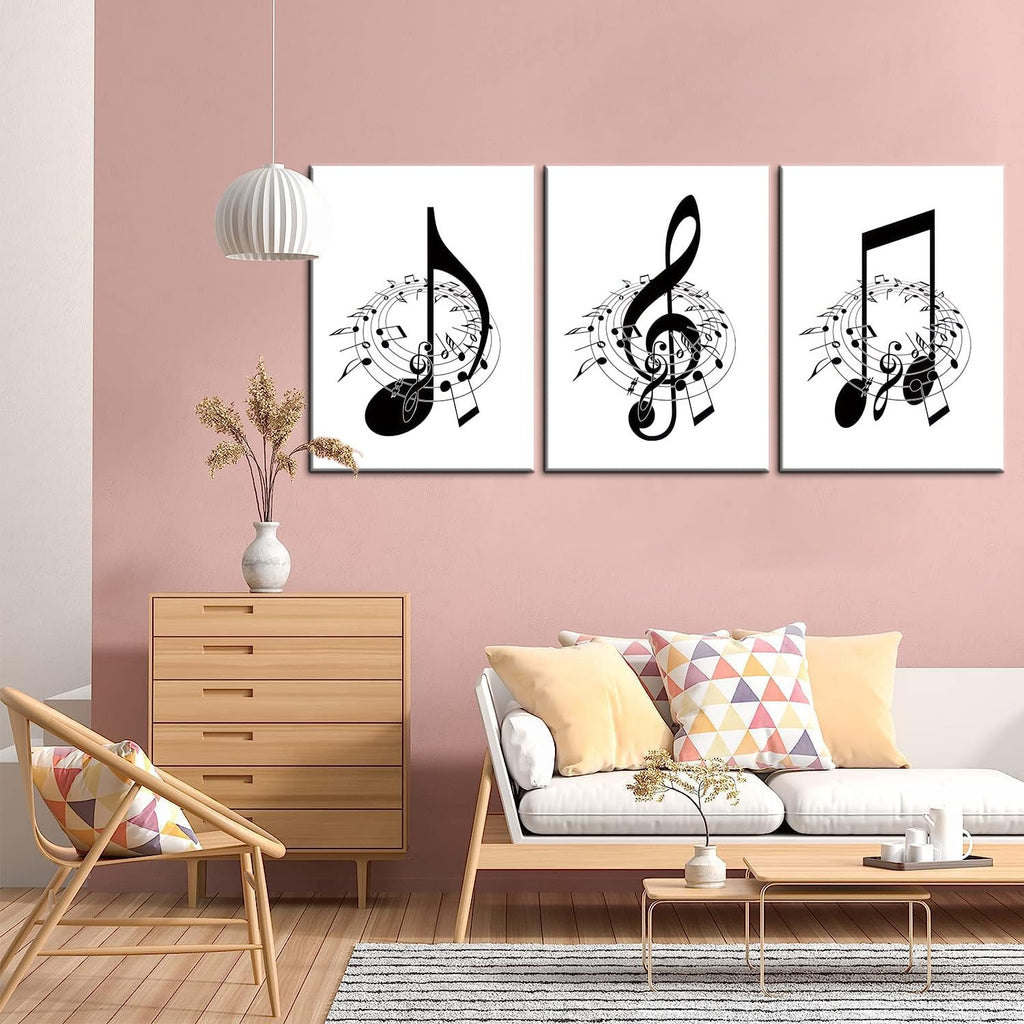 Skiennix Framed Music Notes Wall Art - Stylish Black & White Canvas Prints | 12x16in (Set of 3)