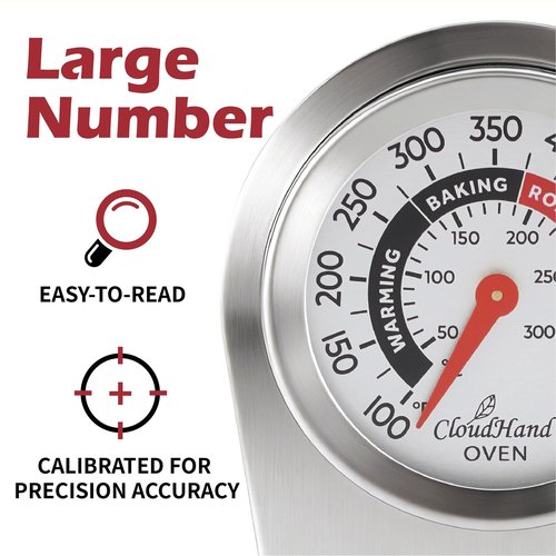 CloudHand Oven Thermometer, 2 Inch Stainless Steel Baking Thermometer for Oven and Grill, Dual Scale 100–600°F / 50–300°C, Hang or Stand Design with Clear Dial and Color Zones