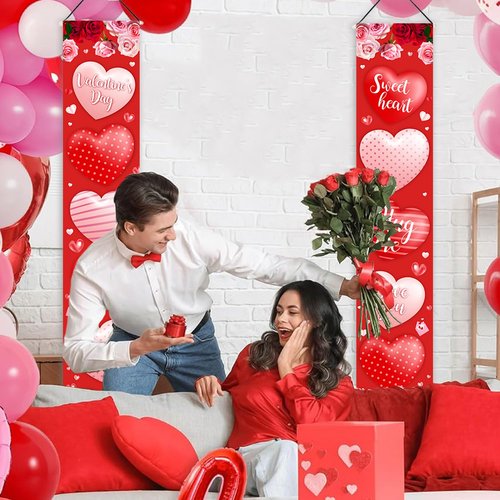 AIBIIN Valentine's Day Door Banner Decoration Valentines day Hanging Front Porch Welcome Sign Red Pink Buffalo Plaid Love Heart Banner Romantic for the Home Door Party Supplies Decor 35.4 x 70.8 Inch