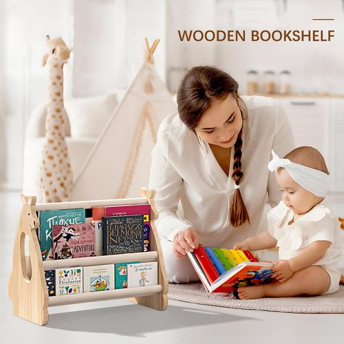 Lullulii Double Sided Kids Bookshelf – 2 Tier Portable Toddler Bookshelf, Book Shelf for Kids Rooms & Playroom, Cute Kangaroo Design Wooden Montessori Baby Bookshelf,Toddler Book Display Shelve,Nature