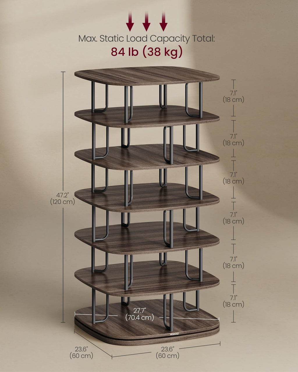 VASAGLE 7-Tier Shoe Rack, Rotating Shoe Rack Tower, Shoe Closet Organizer, Shoe Shelf, 28-35 Pairs, 23.6 x 23.6 x 47.2 Inches, for Entryway, Living Room, Closet, Ink Black and Ash Brown ULBS041B01