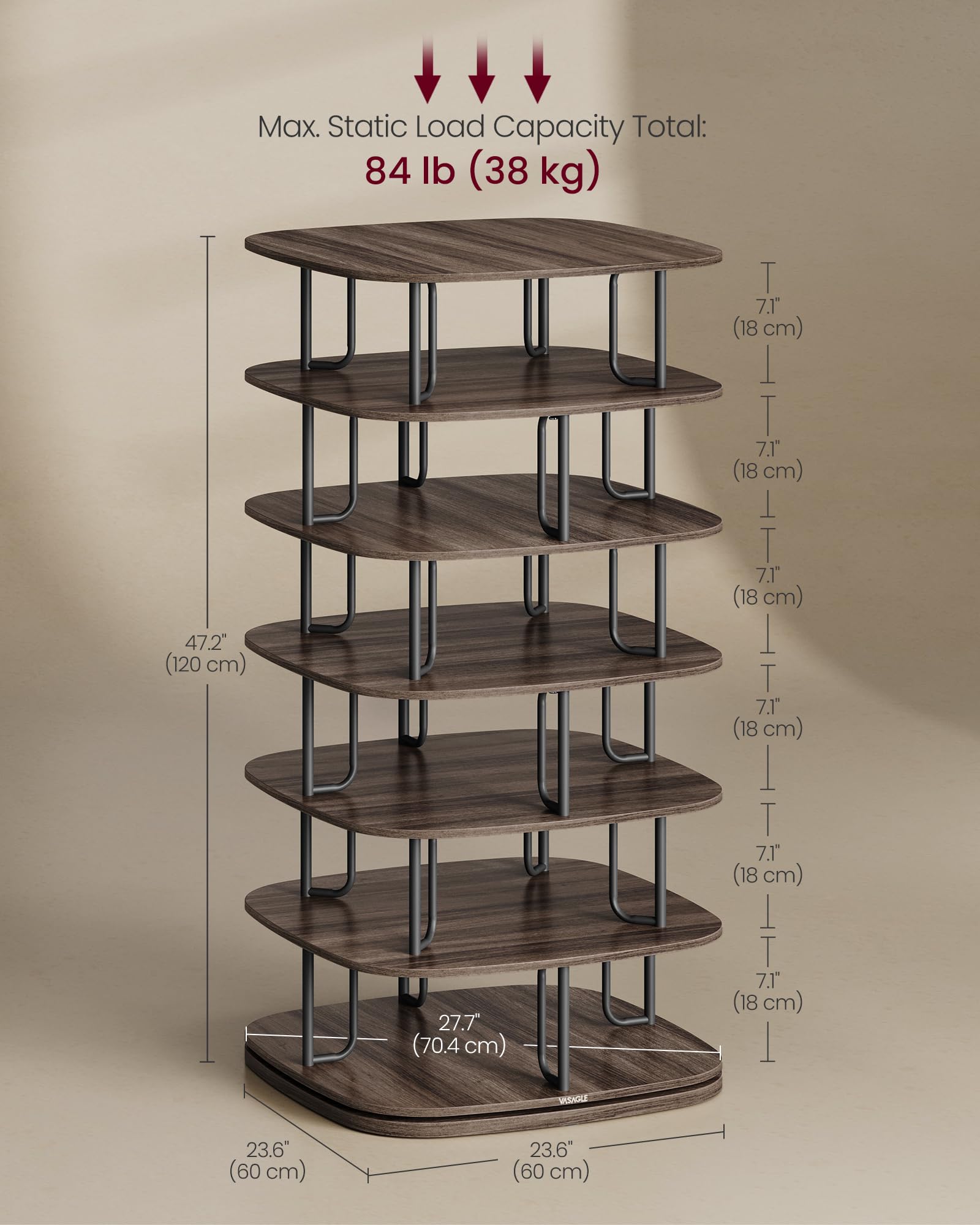 VASAGLE 7-Tier Shoe Rack, Rotating Shoe Rack Tower, Shoe Closet Organizer, Shoe Shelf, 28-35 Pairs, 23.6 x 23.6 x 47.2 Inches, for Entryway, Living Room, Closet, Ink Black and Ash Brown ULBS041B01