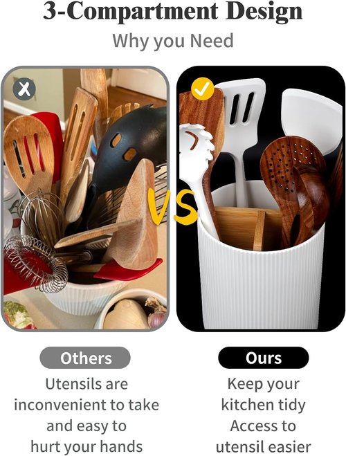 LoeJan Ceramic Utensil Holder - 3 Compartment Design with Cork Bottom | Large White Vertical Stripe Crock for Kitchen Counter