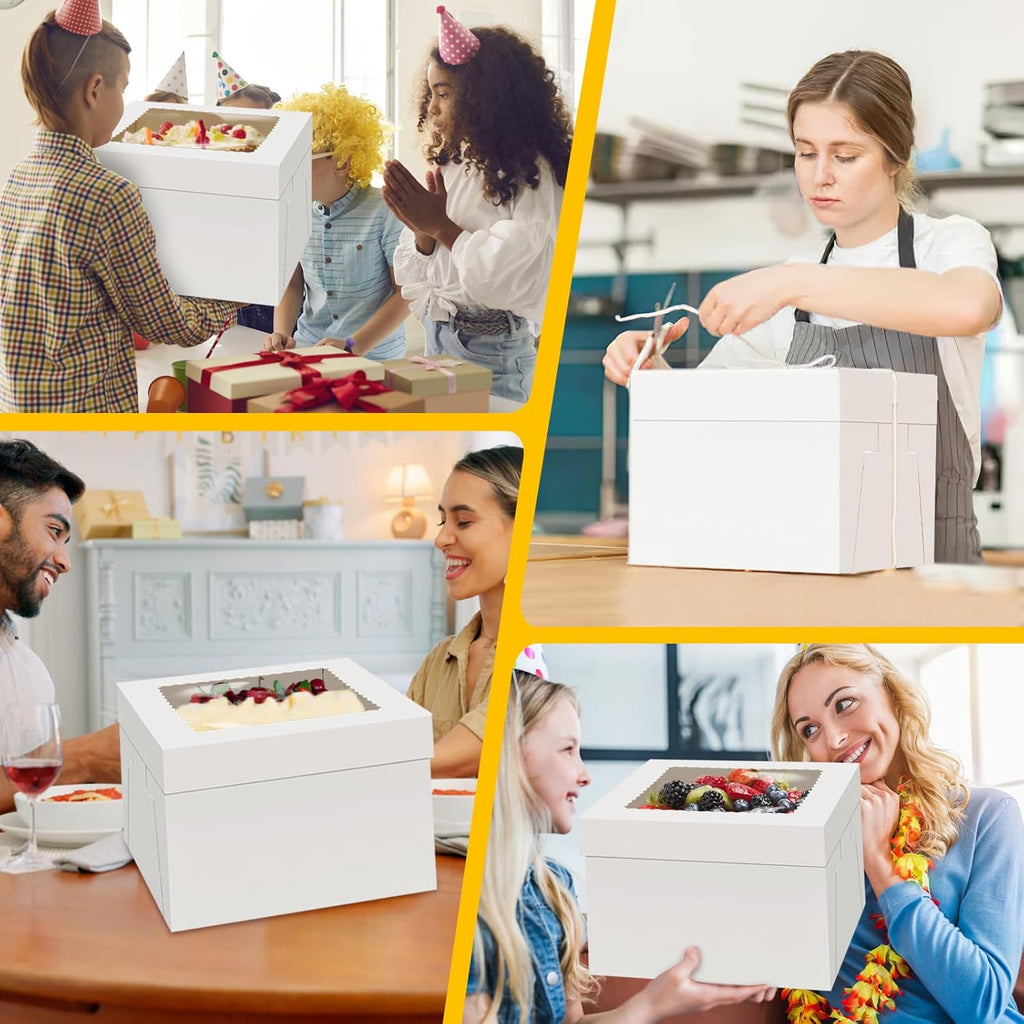 WINKIO 12-Inch Cake Boxes - Disposable Cake Transport Containers with Large Window | 4-Pack White Holders