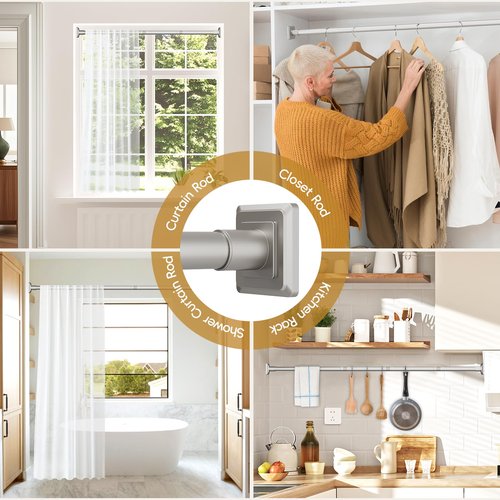 Haryaers Brushed Nickel Tension Curtain Rod Adjustable Shower Curtain Rods 30-76 In Spring No Drilling or Screw Installation Shower Rod for Bathroom Shower Bar for Closet Kitchen with Brackets