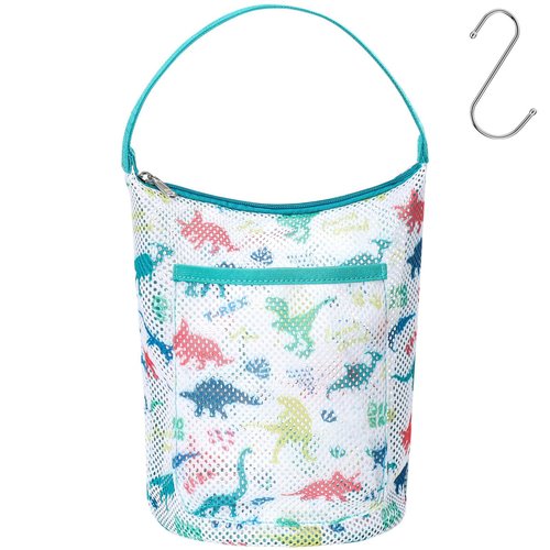 BrainyBees Kids Mesh Shower Caddy - Small Portable Toiletry Tote Bag for Camp Dorm Gym, Quick Dry Hanging Organizer with Zipper Pocket, Black Dinosaur
