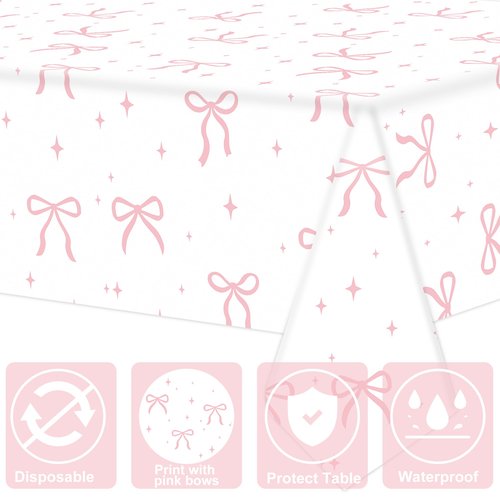 Maniaacer 2 PCS Pink Bow Tablecloth Bow Theme Plastic Table Cover Rectangle Coquette Disposable Party Tablecloth for Women Girls Birthday Bridal Bachelorette Party Decor