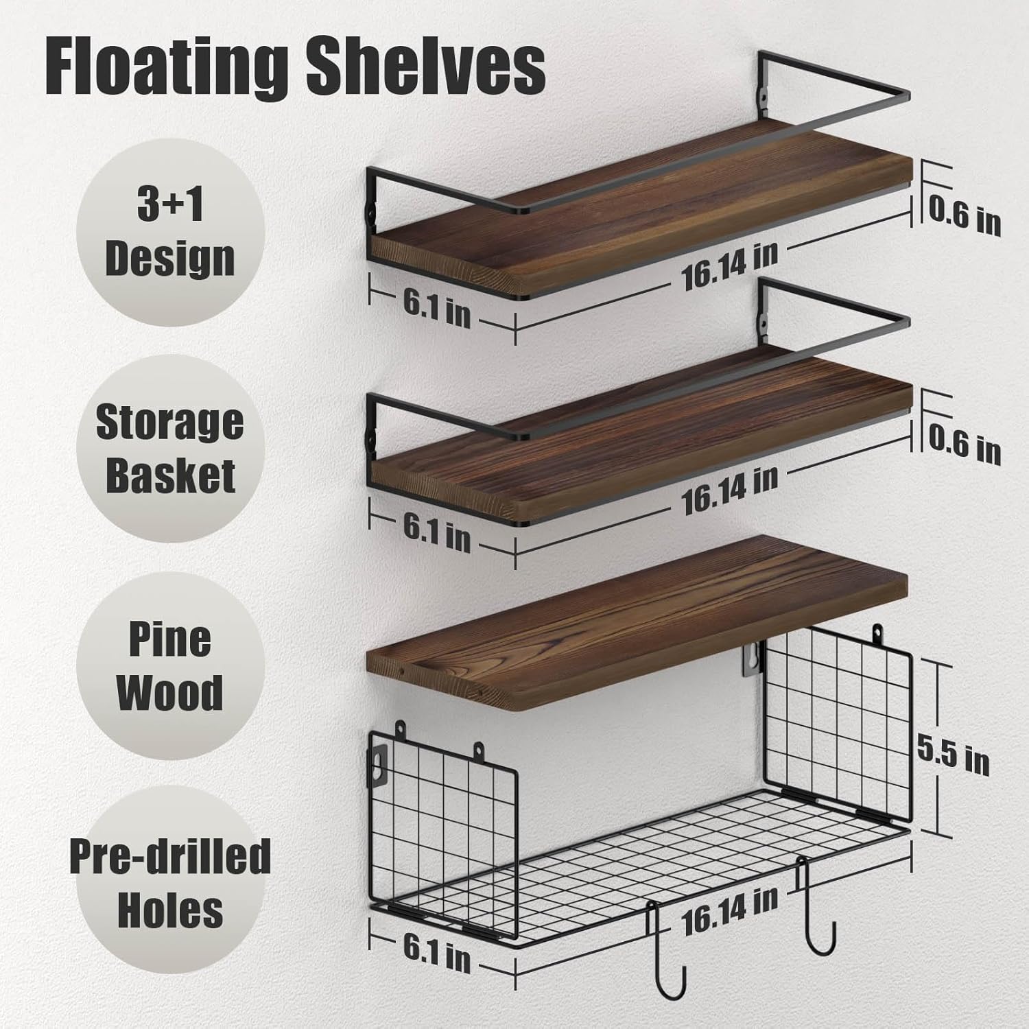Skiennix 16.1-Inch Wall-Mounted Bathroom Shelves - Over Toilet Storage with Hooks & Basket | Brown