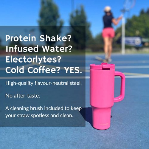 BriteLune 40oz Insulated Tumbler with Handle & Straw Lid | Keeps Cold for 30hrs, Hot12hrs | 100% Leakproof Stainless Steel Water Bottle | Cup holder friendly Travel Mug | Hot Pink