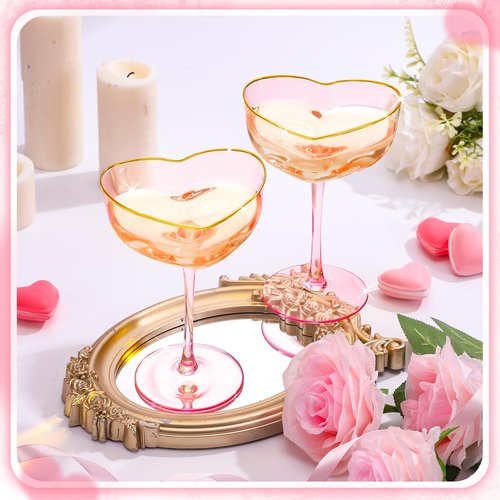 Didaey 2 Pack Wedding Heart Shaped Champagne Flutes Pink Coupe Martini Glasses Cocktail Toasting Glasses Wine Cups with Gold Rim for Bridal Shower Celebrations Girl Birthday Party Supplies(Classic)