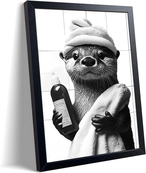 ARKZSHO Black and White Bathroom Wall Art - Funny Otter Bath Canvas Print | Modern Farmhouse Decor 8x10 Inch