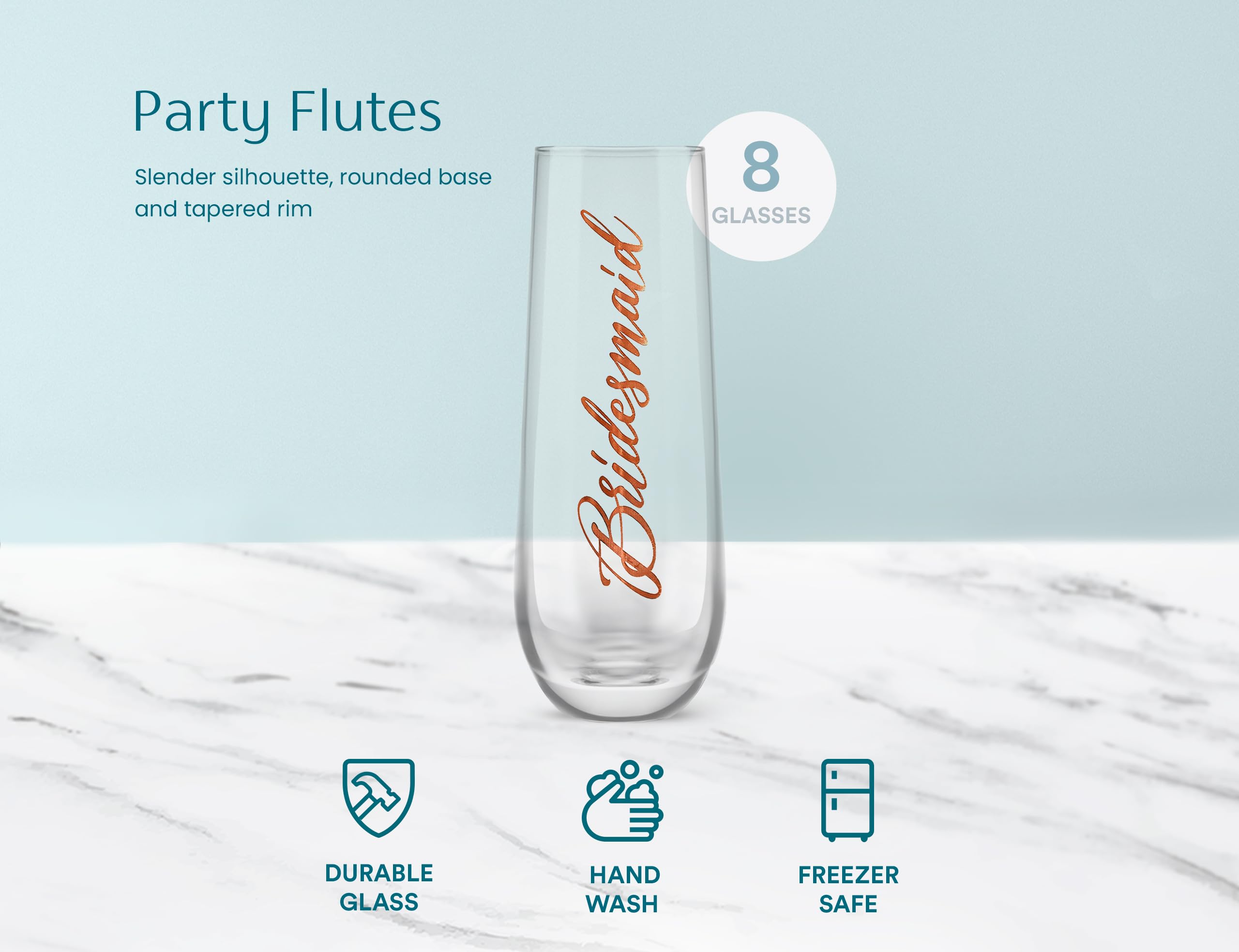 Bridesmaid Wine Glasses, Kook Bachelorette Party Champagne Glasses, 9.4 Oz (Bridal Set of 8), Stemless Glass Champagne Flutes, Cocktail Cups for Rose, Great for Weddings and Parties, Dishwasher Safe