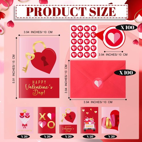 Motiskyy 100 Pcs Valentine's Day Greeting Cards Gold Foil with Red Envelopes and Stickers 5 Designs Assortment 5.9 x 3.9 Inches Blank Inside for Valentine's Day Wedding Anniversary