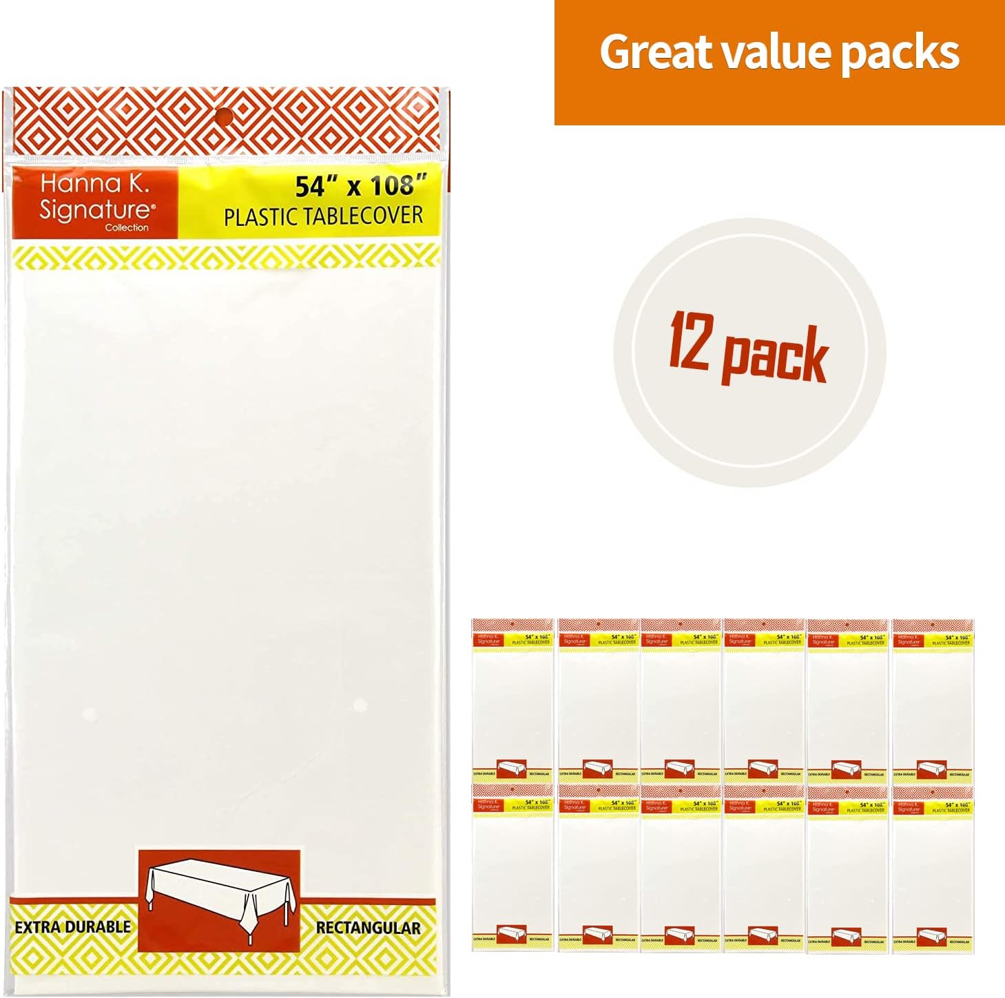 Party Dimensions White Disposable Plastic Tablecloths - 12 Pack for Rectangle Tables | 54 x 108 Inches, Perfect for Events & Weddings