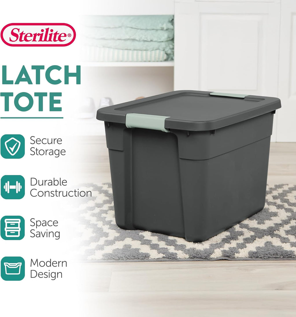 Sterilite 6-Pack Latch Tote | Stackable 12 Gallon Plastic Storage Bins with Lids - Gray/Green Organization Solution