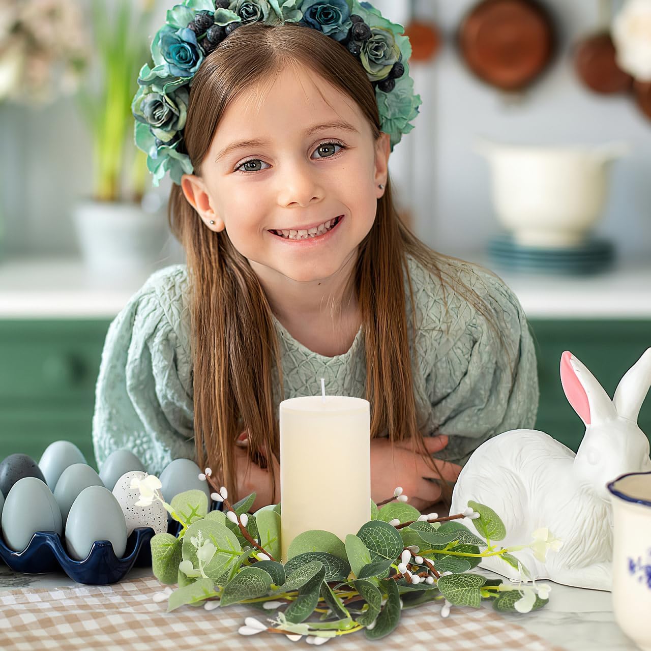 Zerodeko Easter Candle Ring Set - Eucalyptus Leaves Wreath Pillar Holders | 8cm Table Decor