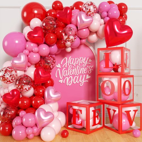 PityBlns Valentine's Day Balloon Arch Kit - Valentines Boxes with "LOVE" Letter Red Pink Heart Foil Balloons and Latex Balloons Garland Kit for Valentines Day Galentines Anniversary Party Decorations