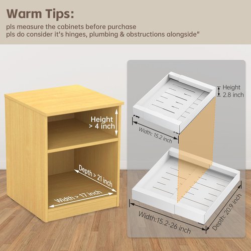 Bifixia 2Pack Expandable Pull Out Cabinet Organizer 21" Deep - Sliding Drawer Organizer Roll Out Shelves Adhesive - Adjustable Width 15.2"-26.2" W (White)