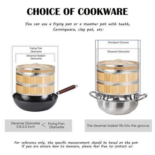 AutJrny 11.8-Inch Vertical Bamboo Steamer Basket, 3-Tier with Stainless Steel Rings | 50 Liners, Sauce Dish & 2-Chopsticks | Cooking Pot for Buns Dumplings Rice Vegetables Dim Sum