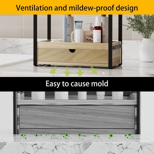 Boulphia 2-Tier Bathroom Organizer Countertop with Drawer, Wood Bathroom Counter Shelf for Storage, Vanity Organizer Countertop for Kitchen, Office