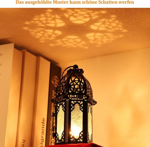 IMAGE Metal Candle Lantern - 6.7" Hanging Moroccan Birdcage Holder with Glass - Black Tabletop Decor