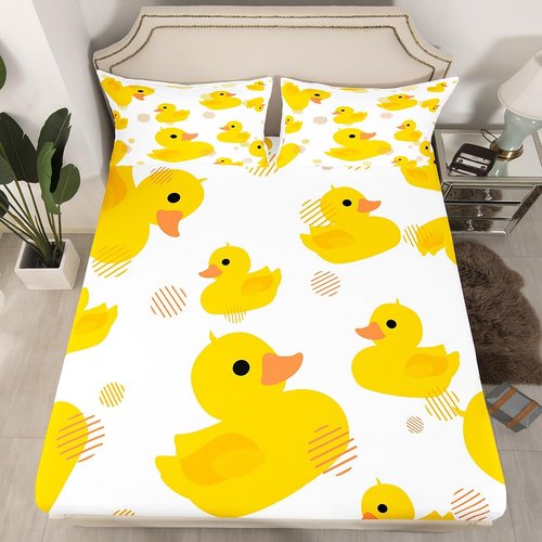 Erosebridal Cartoon Duck Bed Sheetsfor Kids Boys Girls,Kawaii Yellow Duck Fitted Sheet,Cute Hand Drawn Duck Bedding Set Twin,Lovely Farmhouse Animal Bed Cover + 1 Pillowcase,no Flat Sheet
