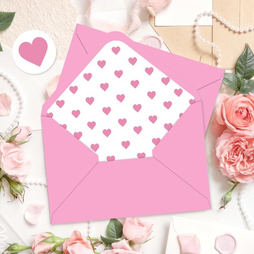 Whaline 50 Pcs Valentine's Day Invitation Envelopes Greeting Card Holders Pink Heart V-Flap Envelopes Card Sleeves with Stickers for Wedding Mother's Day Baby Shower, 5.3 x 7.3 Inch