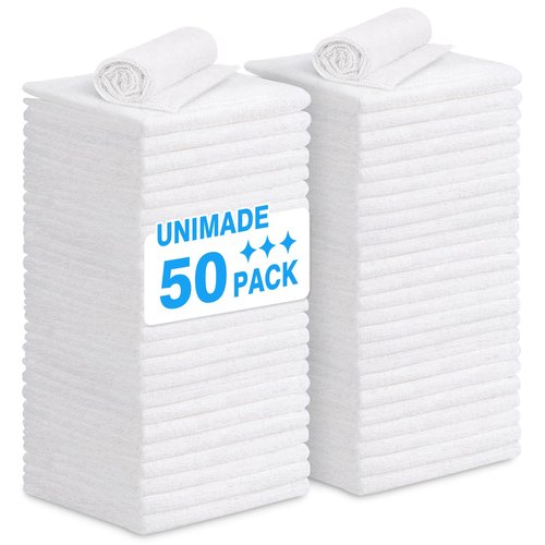 UNIMADE Shop Towel Rags, 50 Pack Reusable Shop Rags Bulk Microfiber Cleaning Cloth Lint Free Cleaning Towels for Car Kitchen Automotive Bar Mechanic Restaurant Garage, 11.5"x 11.5", White