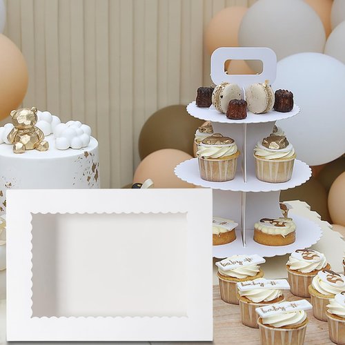 Mefleet 6pcs 19x14x5 Half Sheet Cake Boxes with 6pcs Cake Boards Rectangle 1/2 Sheet Bakery Boxes with Window for Pastry Baking Cake, Cupcakes, Donuts, Cookies, Pie Treat Packaging White Large