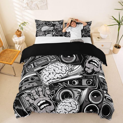 Feelyou Graffiti Bedding Set for Teens Boys Queen Rock Music Theme Duvet Cover Set Hip Hop Comforter Cover Set Kids Teenage Street Art Quilt Cover Hippie Room Decor Bedding with 2 Pillow Shams (3Pcs)