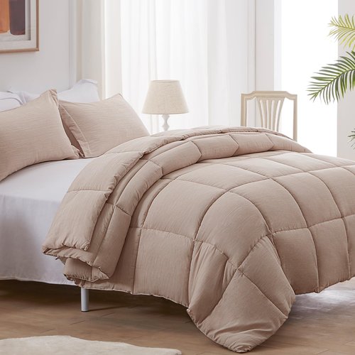 NexHome Queen Comforter Set 3 Pieces Beige Soft Luxury Cationic Dyeing Comforter for All Season, Lightweight Breathable Fluffy Beige Bedding Sets with 1 Comforter and 2 Pillow Shams Queen