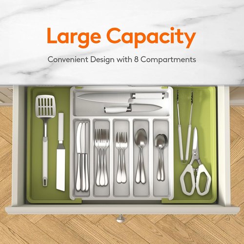 Lifewit Expandable Silverware Drawer Organizer - BPA-Free Utensil Tray for Kitchen | Adjustable 13-22 x 15" Green & White