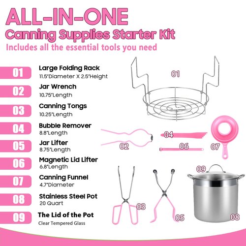 HOMKULA Stainless Steel Canning Pot with Rack and Lid, Large Water Bath Canner, Full Home Canning Supplies Starter Kit, Compatible with Induction and Glass Top Stoves (Pink)