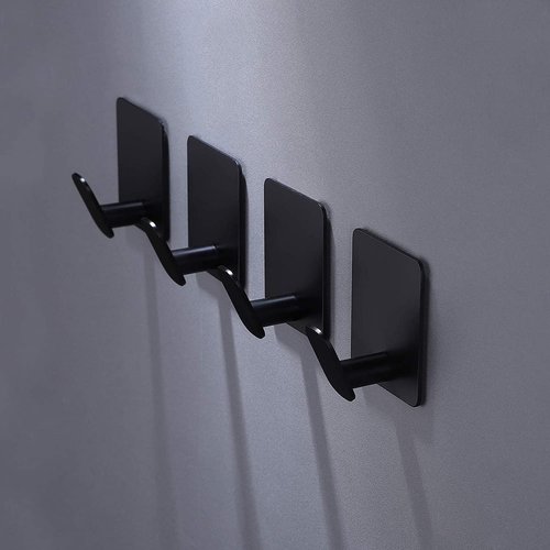 DELITON Adhesive Hooks - 4 Pack Wall Hooks for Towel & Coat | Matte Black Stainless Steel Finish