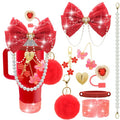 LBU Bling Stanley Cup Accessories for 40/30/20 oz Tumbler with Handle Including Glitter Bow Straw Topper, Heart Straw Cover, Water Bottle Handle Strap, Boot, Pom-Pom, Keychain Charms(Red)